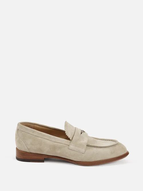 Coin-inset Suede Loafers - Mens - Beige