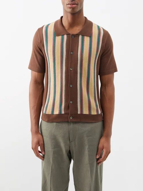 Striped Button-front Cotton Polo Shirt - Mens - Brown Beige