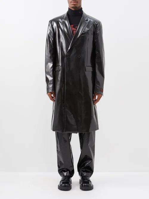 Double-breasted Faux-leather Overcoat - Mens - Black