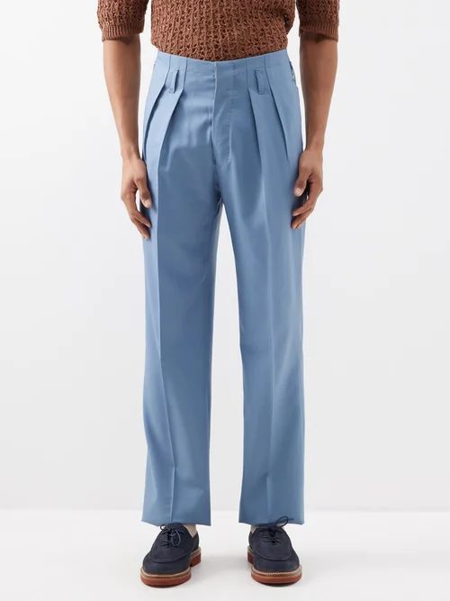 Pleated Wool Trousers - Mens - Blue