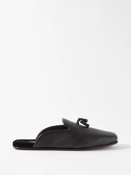 Tasselled Grained-leather Backless Loafers - Mens - Black