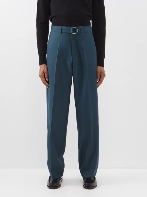 Pleated Belted Wool Trousers - Mens - Turquoise