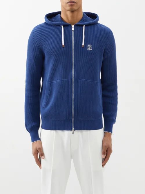 Logo-embroidered Ribbed-cotton Hoodie - Mens - Blue Multi
