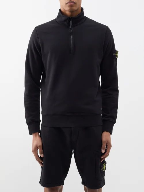 High-neck Quarter-zip Cotton-jersey Sweatshirt - Mens - Black