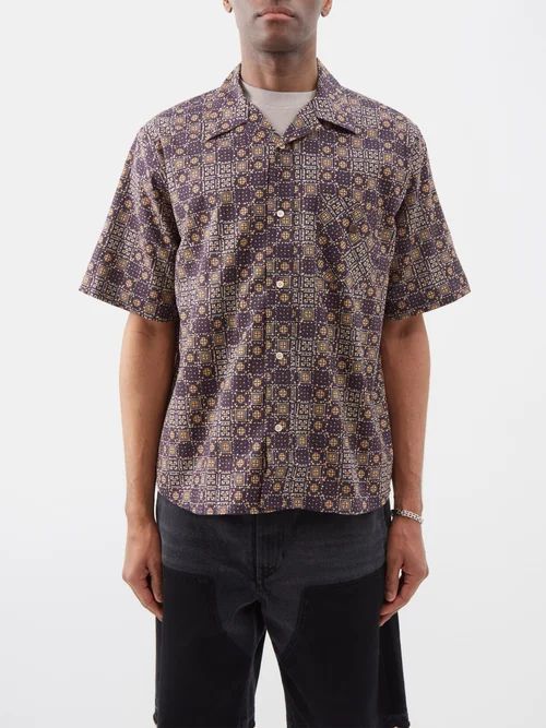 Sowl Cuban-collar Cotton Shirt - Mens - Brown Multi