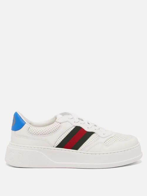 Web Stripe Leather Trainers - Mens - White