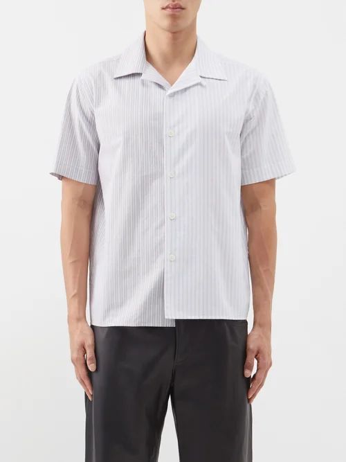 Asymmetric Cotton Short-sleeved Shirt - Mens - Grey Light Blue