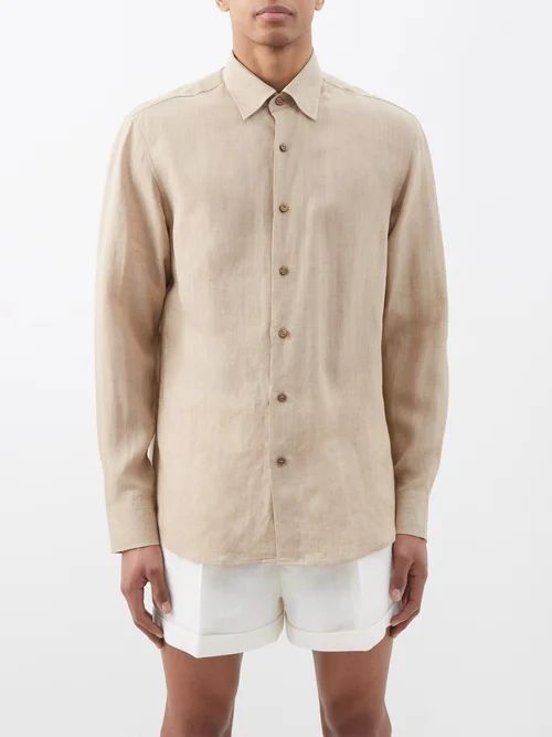 Point-collar Linen Shirt - Mens - Beige