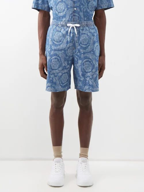 Floral-jacquard Denim Shorts - Mens - Blue