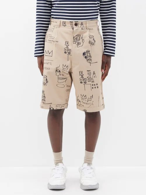 Basquiat-print Cotton Chino Shorts - Mens - Beige Black