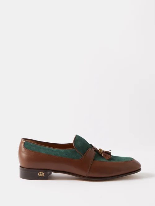 Bi-colour Suede And Leather Tassel Loafers - Mens - Green Brown