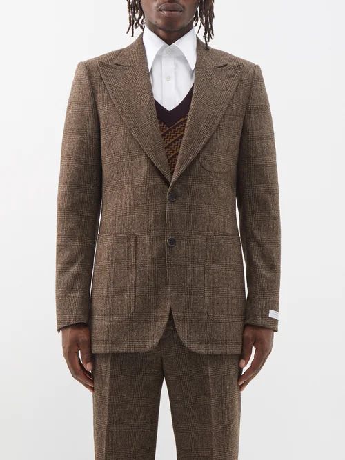 Meucii Prince Of Wales-check Wool Suit Jacket - Mens - Dark Brown
