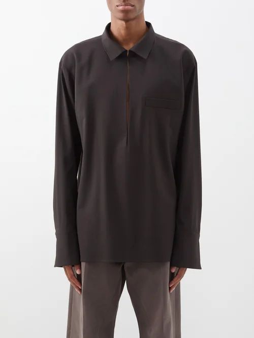 V-neck Pleated Crepe Shirt - Mens - Dark Brown