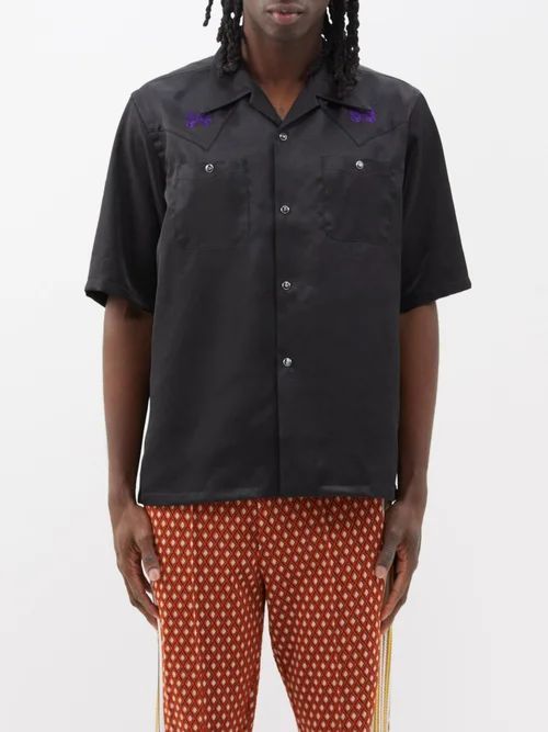 Cowboy Embroidered Satin Shirt - Mens - Black