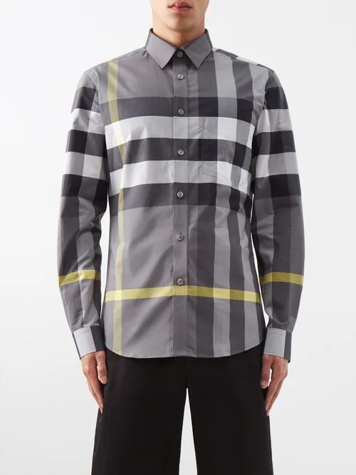 Exaggerated-check Cotton-blend Poplin Shirt - Mens - Grey Check