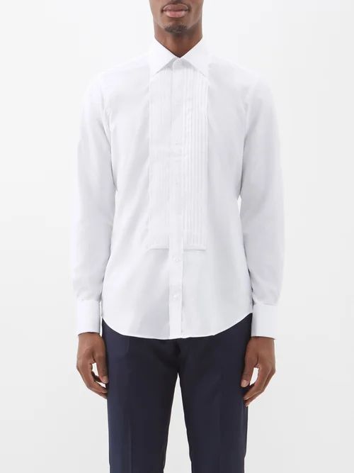 Pleated-plastron Cotton-blend Twill Shirt - Mens - White