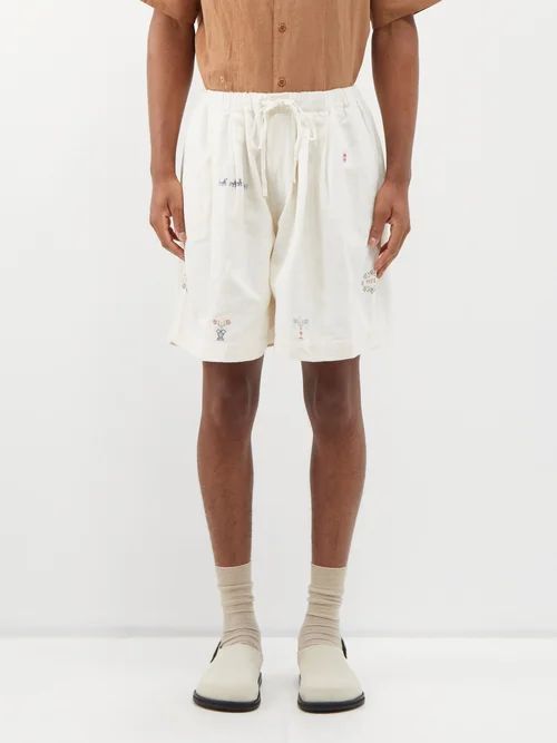 Bridge Embroidered Cotton-blend Shorts - Mens - Off White