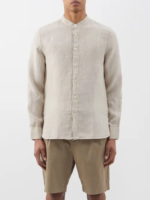 120% Lino - Stand-collar Patch-pocket Linen Shirt - Mens - Beige