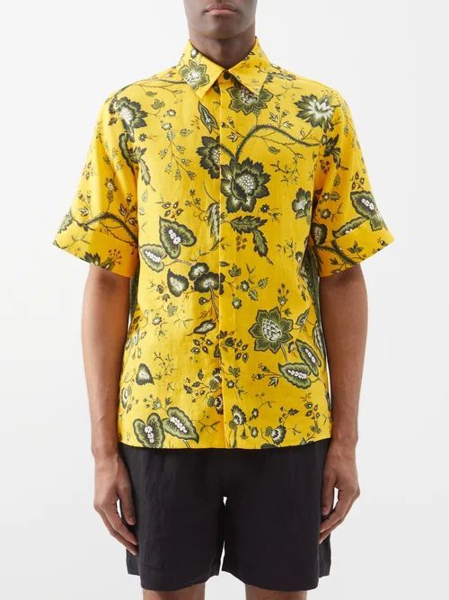 Felipe Floral-print Linen Shirt - Mens - Yellow Multi