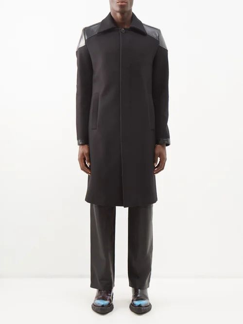 Leather-panelled Wool-blend Coat - Mens - Black