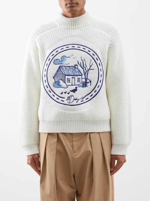 Cottage-embroidered Merino Sweater - Mens - White Blue