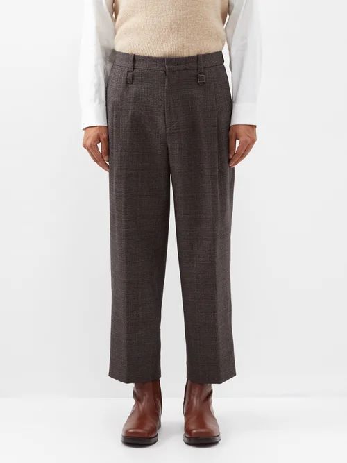 Cropped Check-wool Suit Trousers - Mens - Grey