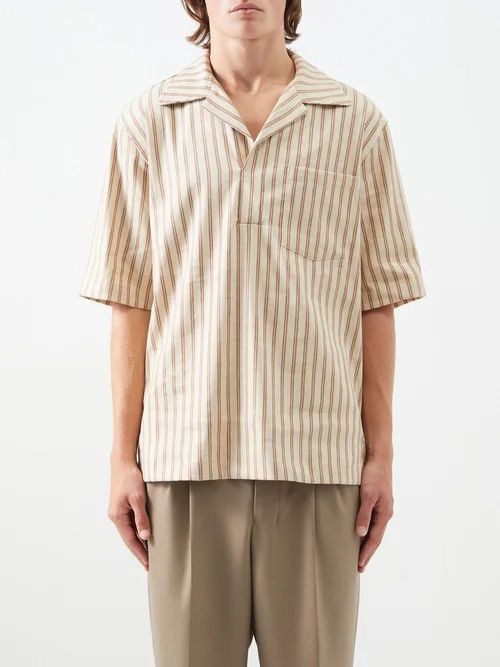 Bolen Striped Linen-blend Short-sleeved Shirt - Mens - Beige Brown