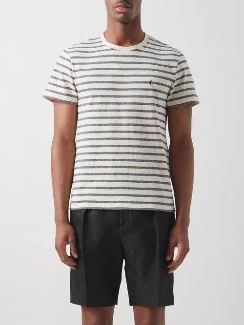 Ysl-embroidered Striped Cotton-slub T-shirt - Mens - White Navy