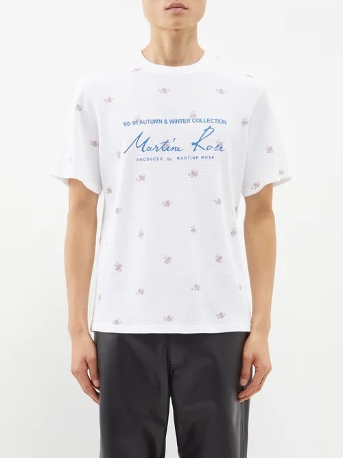 Floral-logo Basketweave-cotton T-shirt - Mens - White Multi
