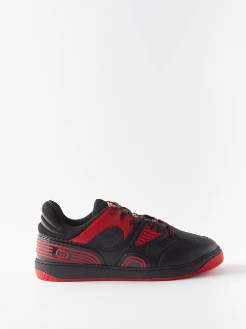 Basket Gg-print Faux-leather Trainers - Mens - Black Red