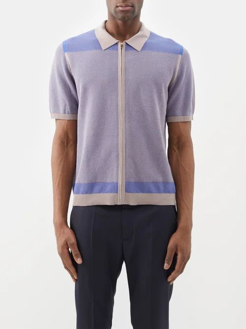 Knitted Organic-cotton Zipped Polo Shirt - Mens - Blue Multi