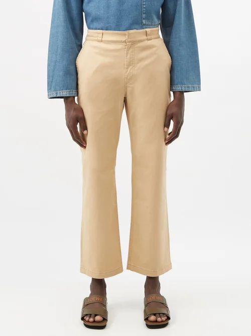 Cropped Cotton-blend Twill Straight-leg Trousers - Mens - Dark Beige