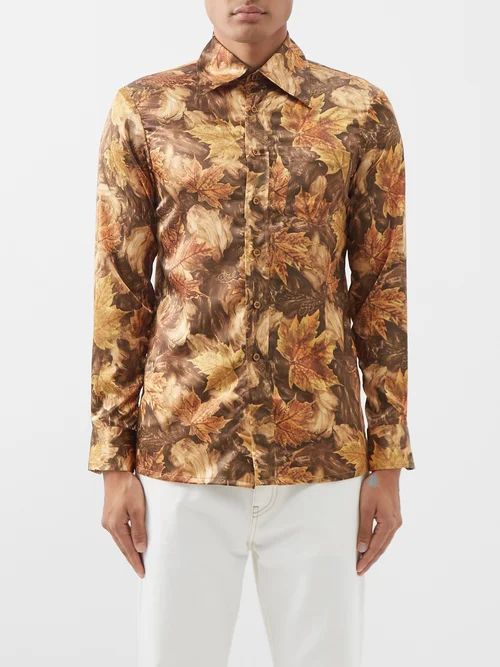 Leaf-print Satin Shirt - Mens - Brown