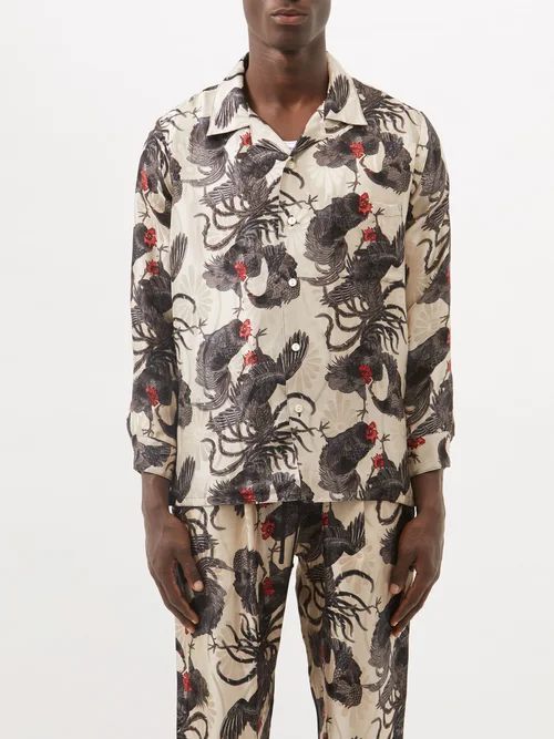 Rooster-print Silk-twill Shirt - Mens - Tan Multi