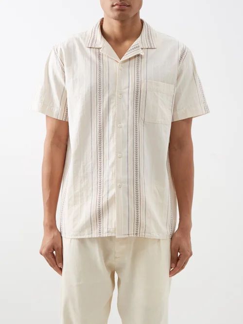 Malick Stripe-embroidered Cotton-jacquard Shirt - Mens - Cream