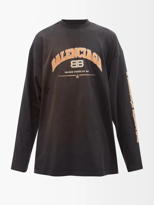 Logo-print Distressed Cotton Long-sleeved T-shirt - Mens - Black Orange