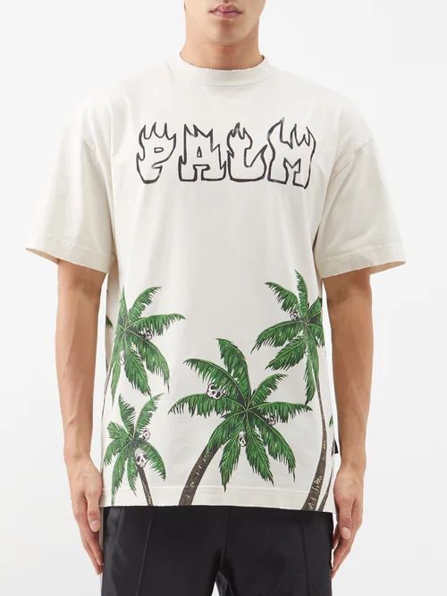Palm-print Cotton-jersey T-shirt - Mens - White Green