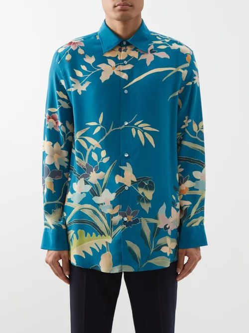Botanical-print Silk-crepe Shirt - Mens - Blue Multi