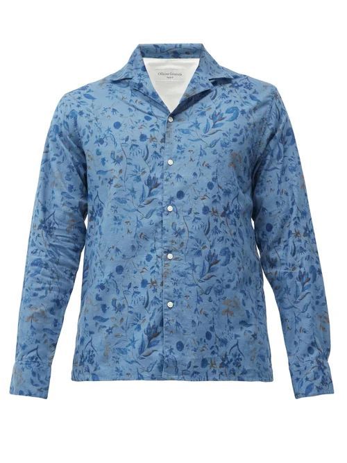 Officine Générale - Cuban-collar Floral-print Linen-blend Shirt - Mens - Blue