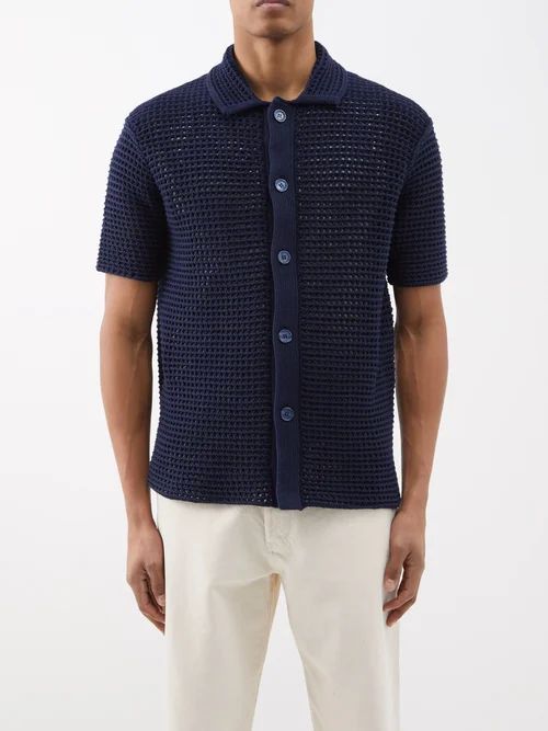 Thomas Crochet-knit Cotton Shirt - Mens - Dark Blue