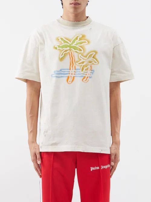 Palm Tree-print Jersey T-shirt - Mens - Off White