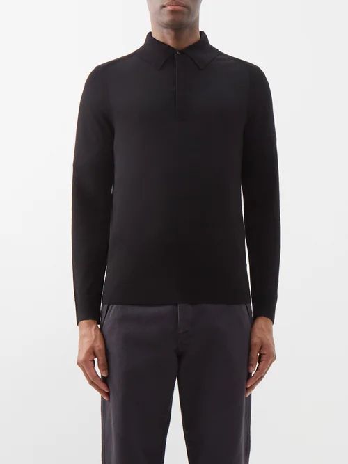 Long-sleeved Merino Polo Shirt - Mens - Black