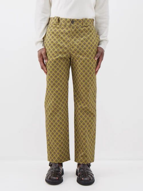 Benedict Floral-print Cotton-garbardine Trousers - Mens - Green Multi