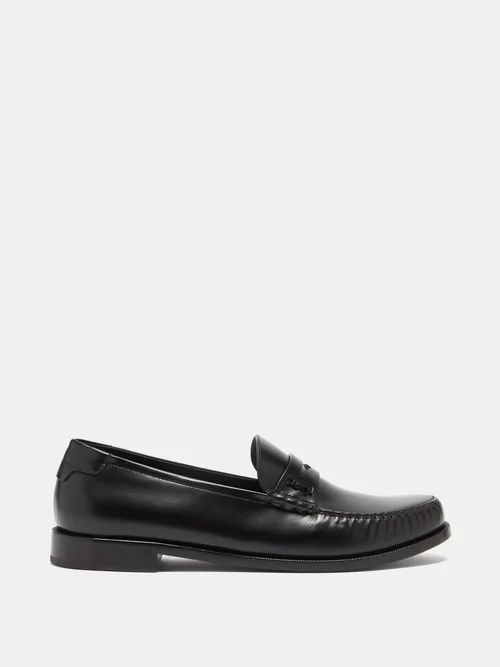 Ysl-plaque Leather Penny Loafers - Mens - Black