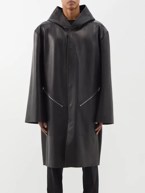 Hooded Leather Coat - Mens - Black