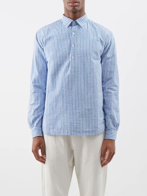 Camicia Half-button Striped Cotton Shirt - Mens - Blue Stripe
