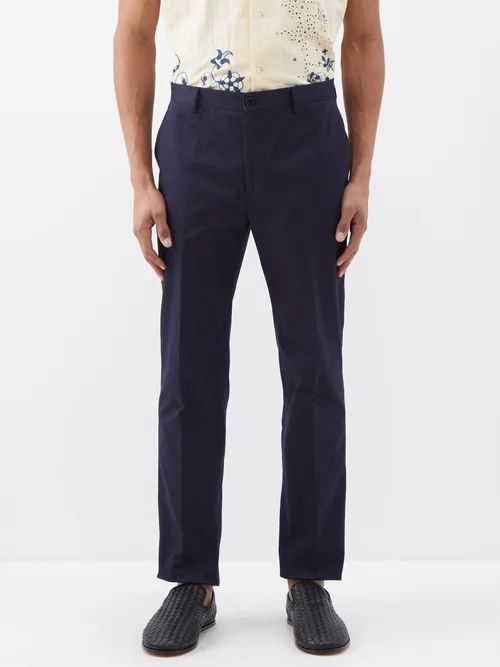 Straight-leg Cotton-blend Gabardine Trousers - Mens - Navy