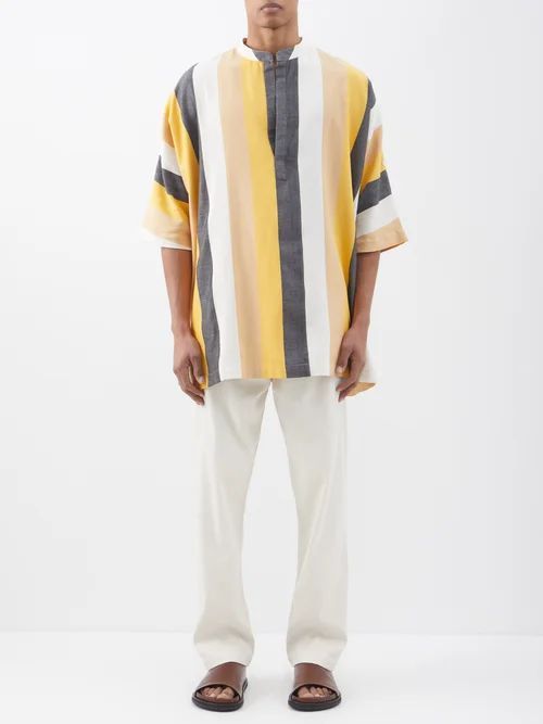 Striped Stand-collar Cotton Kaftan Shirt - Mens - Black Yellow