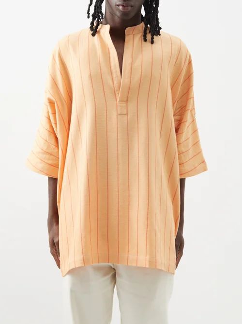 Stand-collar Striped Cotton Kaftan Shirt - Mens - Orange Stripe