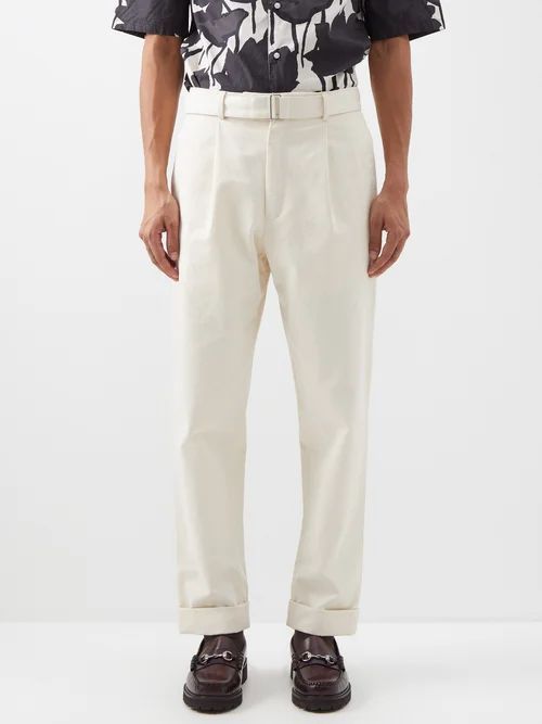 Hugo Belted Organic Cotton-twill Trousers - Mens - Cream